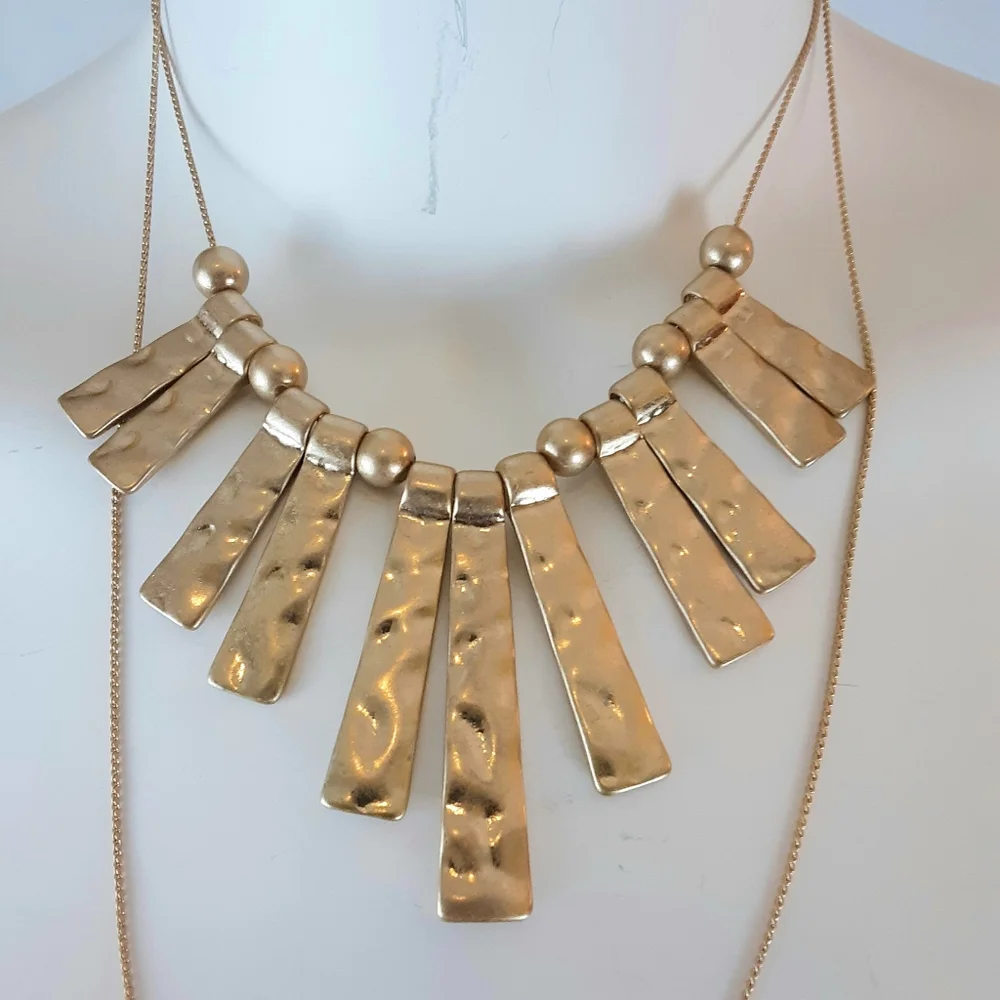 Hammered Gold-Tone Fan Bar Statement Necklace